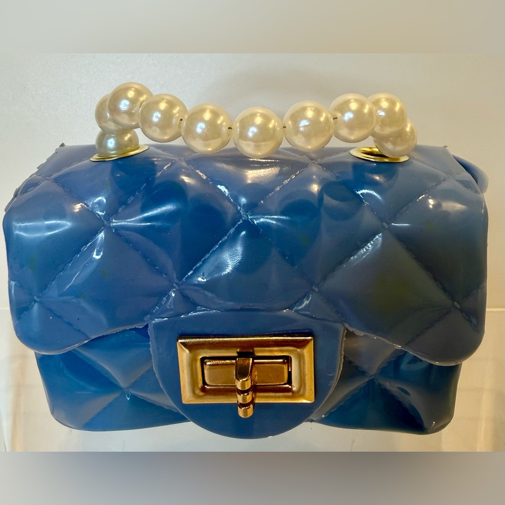 Blue Quilted Handbag with Pearl Handle